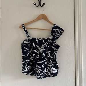 Maeve Size XS Linen Leaves Print Ruffle Strap Top Navy Anthropologie